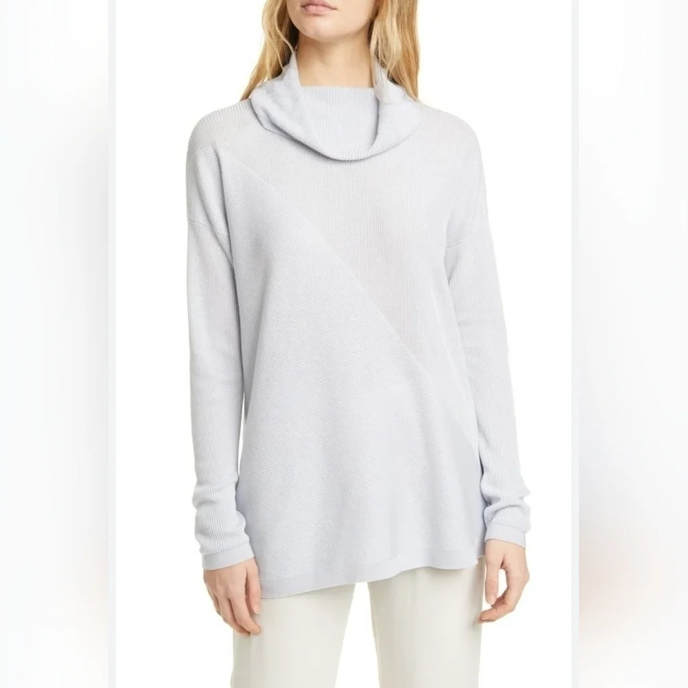 Eileen Fisher Light Blue Lyocell and Silk Cowl Neck Sweater
